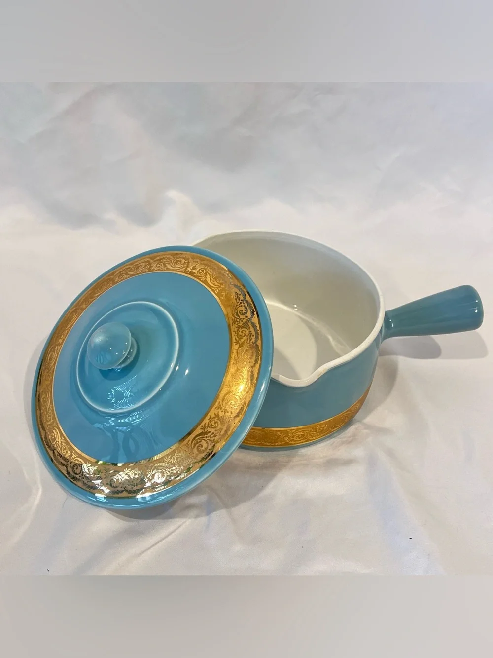 Vintage French Porcelain Covered Saucepan Blue Gold Made France